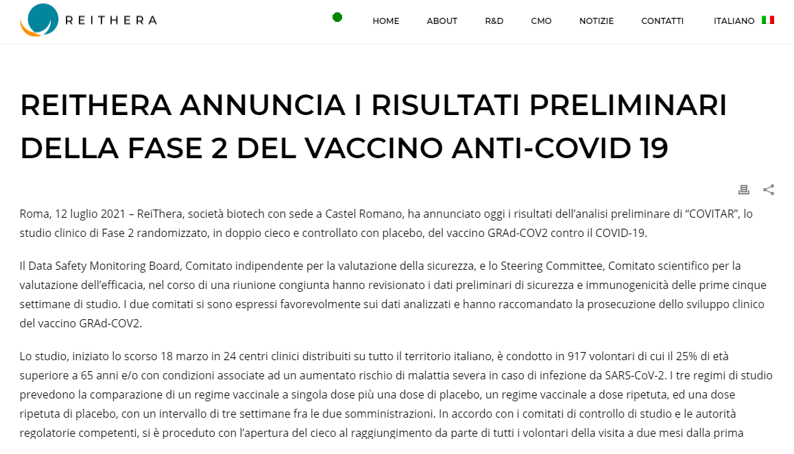 ReiThera annuncia i risultati preliminari della Fase 2 del vaccino anti-COVID 19